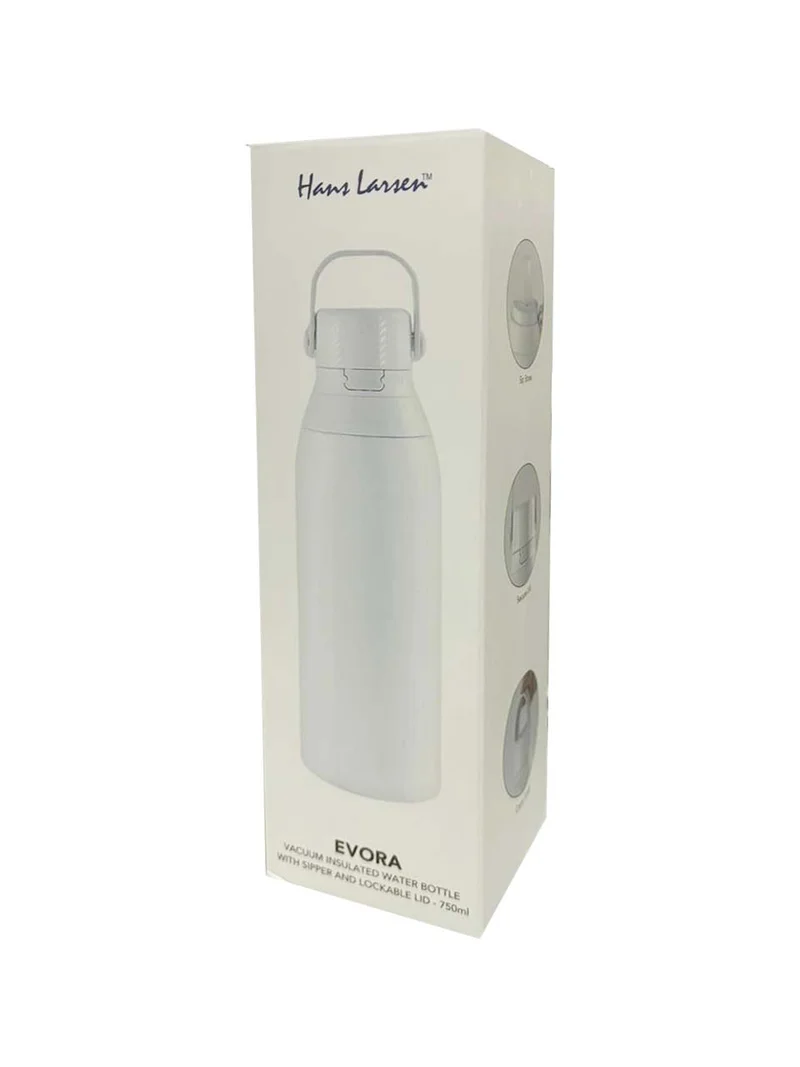 Hans Larsen White Hans Larsen EVORA 750ml Vacuum Insulated Stainless Steel Water Bottle, Double Wall, Lockable Lid & Sip Straw, 12 Hrs Cold / 8 Hrs Hot, Leak-Proof Sports Bottle with Carry Loop - White  | Best Price UAE