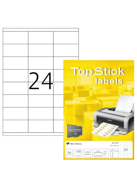 TOPSTICK LABELS 24 LABELS/SHEET, SHARP CORNERS, 70 X 35 MM, 100SHEETS/PACK, WHITE