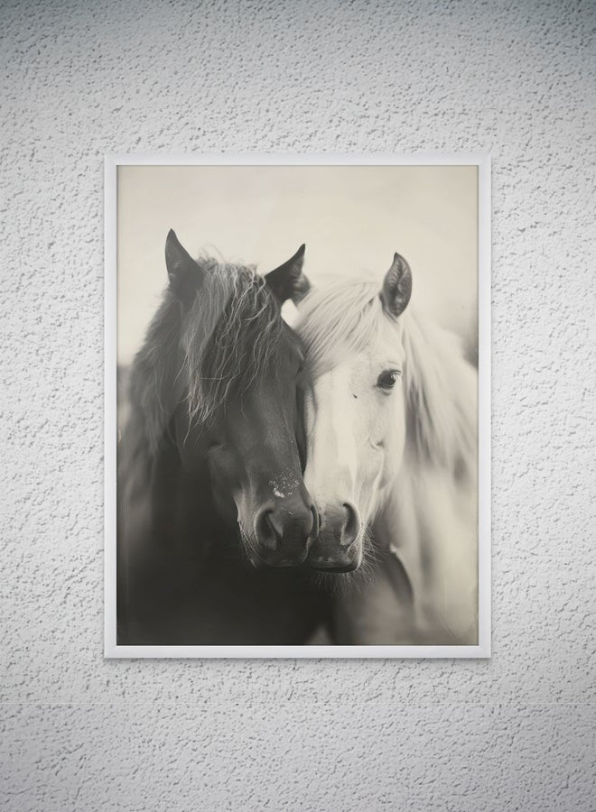 Art Decor Framed Fine Art of Black and White Horse Equestrian Artwork Animal Portrait Wall Art Print Wall Decor for Home Living Room Bedroom Office Studio and Gifting - Image 1