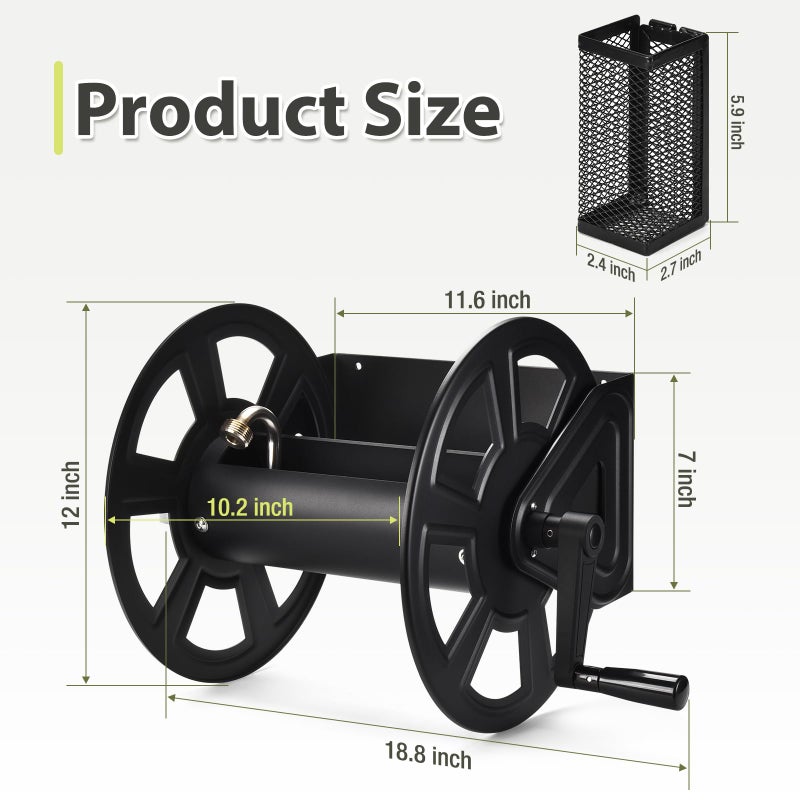GADFISH Garden Wall Mounted Hose Reel, Metal Hose Reel, Holds 125ft of 5/8-Inch Hose(Not equipped), Equipped with 3.9ft Water Supply Hose and Small Storage Basket, Suitable for Gardens & Yards - Image 2
