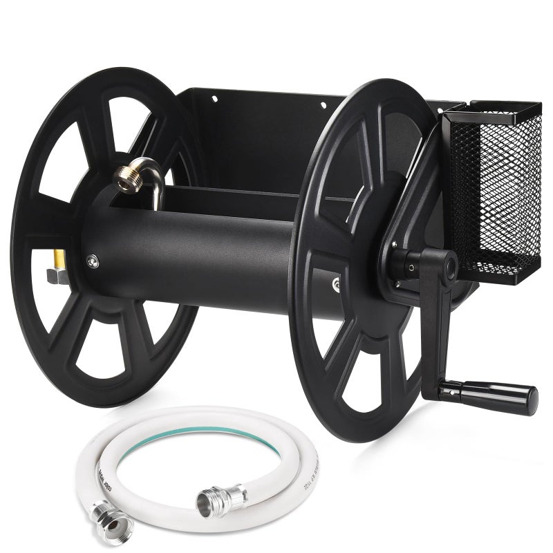 GADFISH Garden Wall Mounted Hose Reel, Metal Hose Reel, Holds 125ft of 5/8-Inch Hose(Not equipped), Equipped with 3.9ft Water Supply Hose and Small Storage Basket, Suitable for Gardens & Yards - Image 1