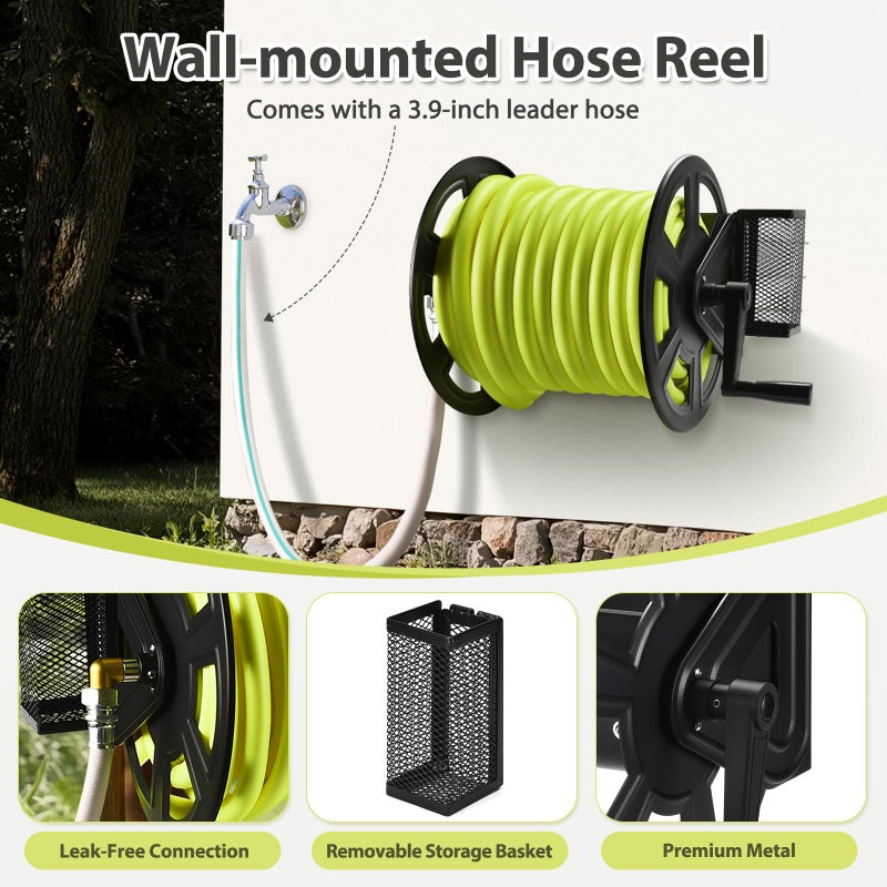 GADFISH Garden Wall Mounted Hose Reel, Metal Hose Reel, Holds 125ft of 5/8-Inch Hose(Not equipped), Equipped with 3.9ft Water Supply Hose and Small Storage Basket, Suitable for Gardens & Yards - Image 4