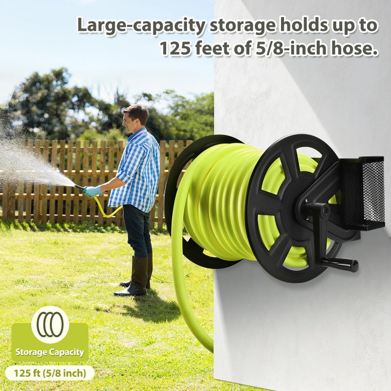 GADFISH Garden Wall Mounted Hose Reel, Metal Hose Reel, Holds 125ft of 5/8-Inch Hose(Not equipped), Equipped with 3.9ft Water Supply Hose and Small Storage Basket, Suitable for Gardens & Yards - Image 5