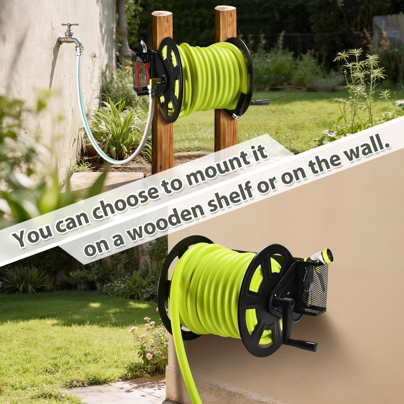 GADFISH Garden Wall Mounted Hose Reel, Metal Hose Reel, Holds 125ft of 5/8-Inch Hose(Not equipped), Equipped with 3.9ft Water Supply Hose and Small Storage Basket, Suitable for Gardens & Yards - Image 3