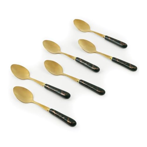 MGeezz Golden Small Spoons Set with Green Ceramic Glossy Handle for Restaurant Cutlery Dinner Table Oval Shape Serving Spoon (Golden Small Spoon Set of 6-13cm) - Image 1