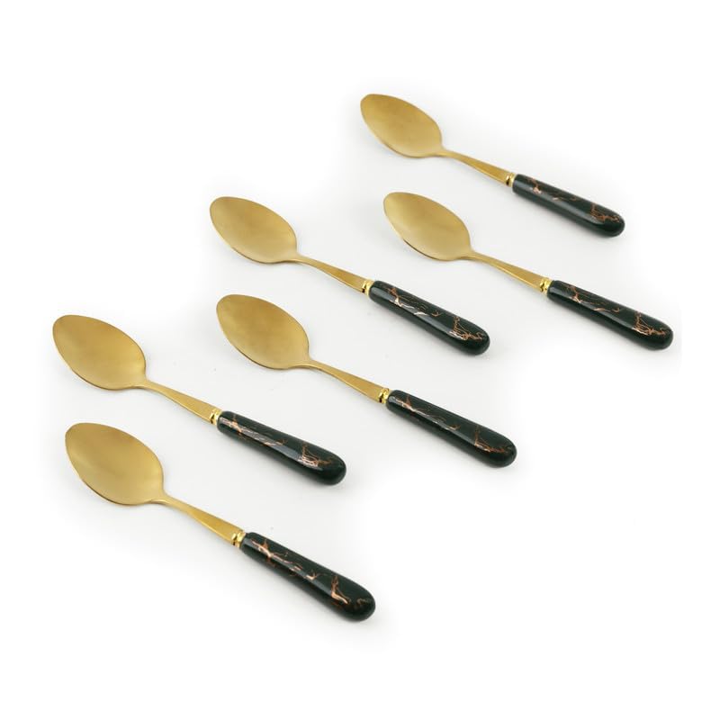 MGeezz Golden Small Spoons Set with Green Ceramic Glossy Handle for Restaurant Cutlery Dinner Table Oval Shape Serving Spoon (Golden Small Spoon Set of 6-13cm) - Image 2