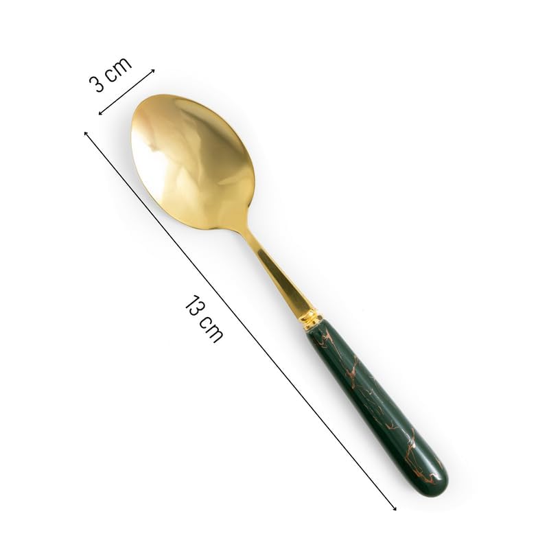 MGeezz Golden Small Spoons Set with Green Ceramic Glossy Handle for Restaurant Cutlery Dinner Table Oval Shape Serving Spoon (Golden Small Spoon Set of 6-13cm) - Image 3