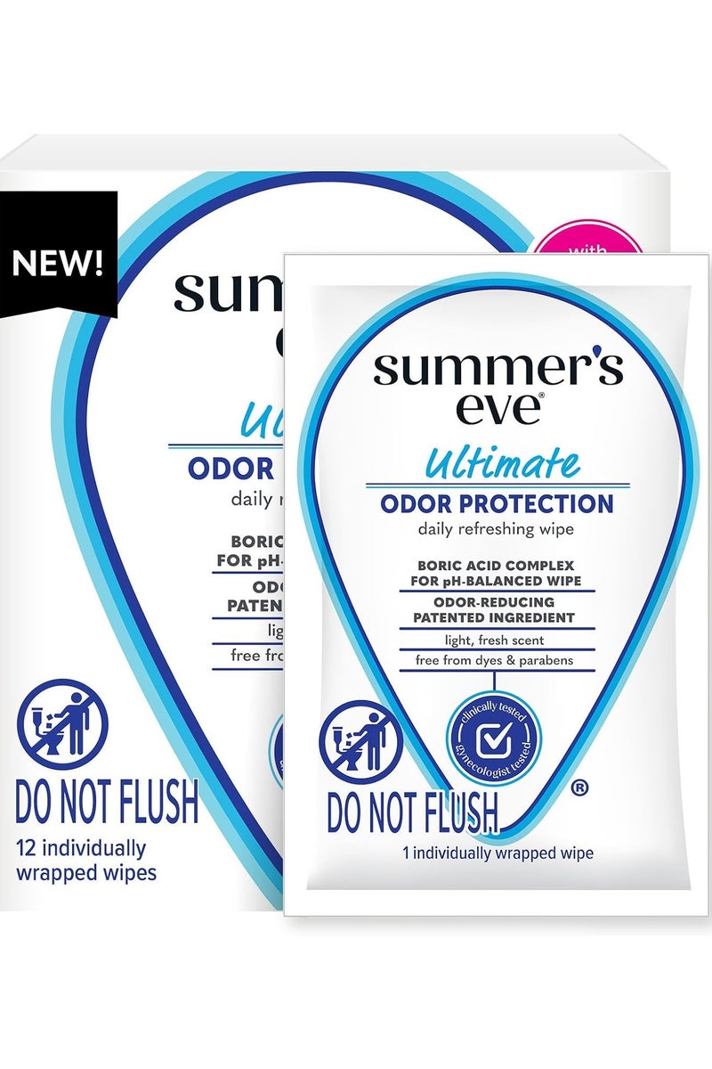 Summer's Eve Ultimate Odor Control, Daily Feminine Wipes with Boric Acid, Removes Odor, On-the-go Body Wipes with pH Balance, 12 ct - Image 1