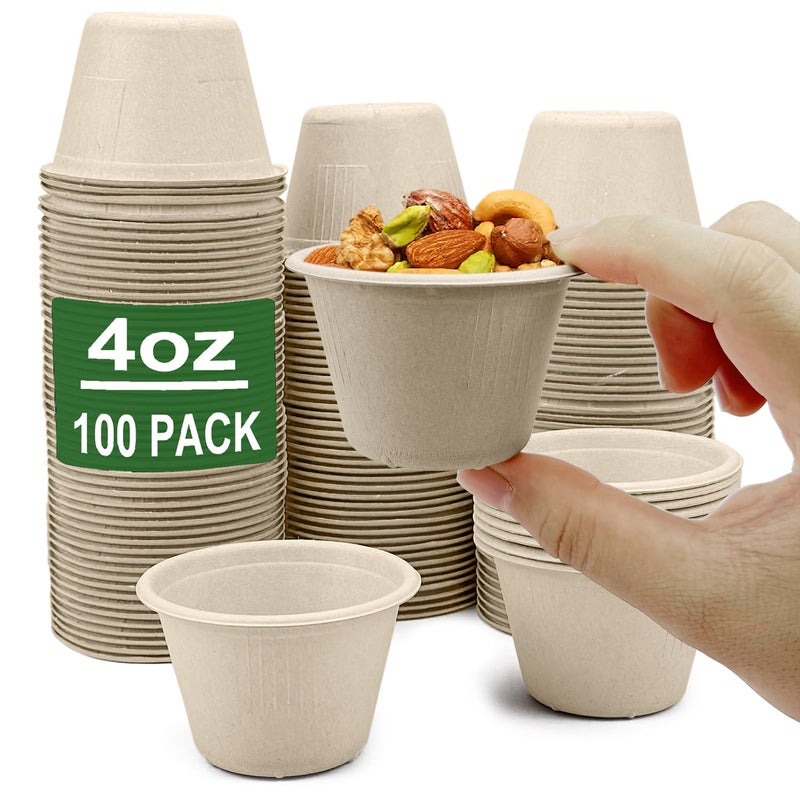 CAMKYDE 4 oz Disposable Bagasse Fiber Souffle Cups 100pk 100 Natural Biodegradable Compostable Condiment cups Sample Cup Tasting Cup Natural Pack of 100 - Image 2
