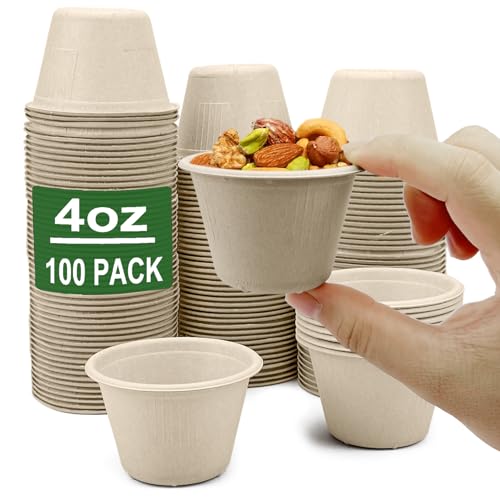 CAMKYDE 4 oz Disposable Bagasse Fiber Souffle Cups 100pk 100 Natural Biodegradable Compostable Condiment cups Sample Cup Tasting Cup Natural Pack of 100 - Image 1