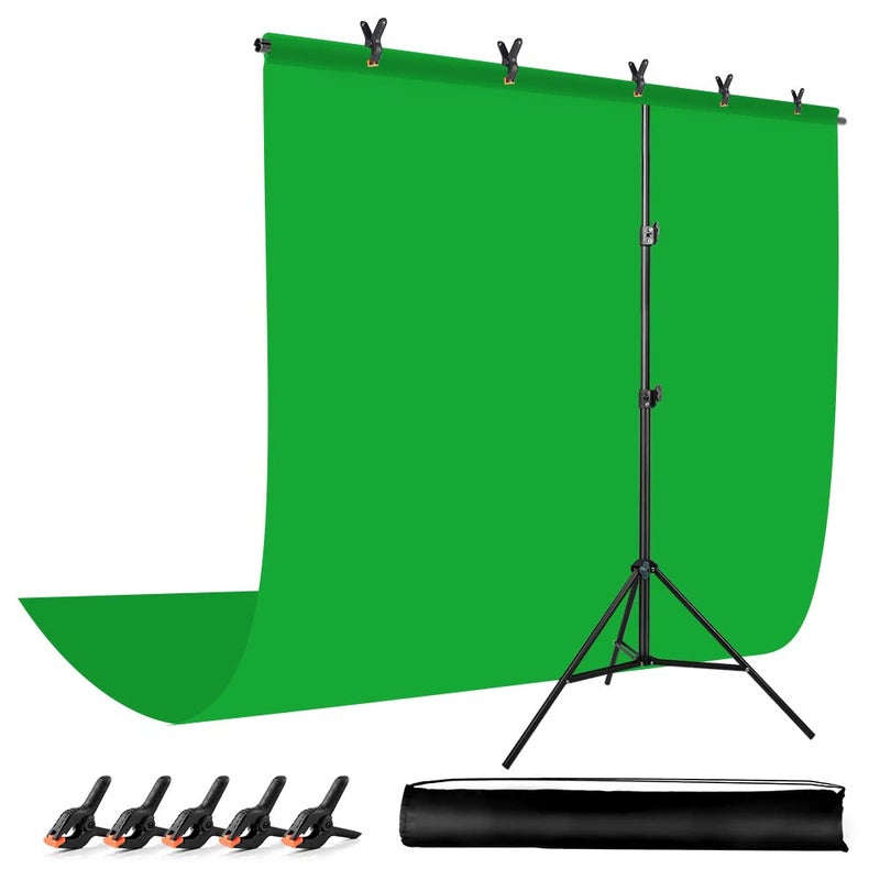 JEBUTU Green Screen Backdrop with Stand for Streaming 65X 10ft WxH Protable Green Screen with 63 x 65 ft Stand kit Greenscreen Background with Stand Carrying Bag 5 Spring Clamps