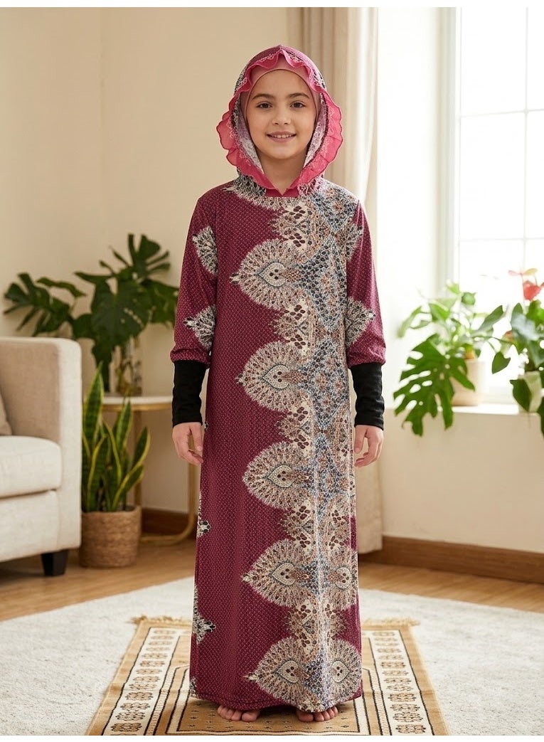 Kids Girls Prayer Esdall / Abaya Size 10 Patterned with Matching Sleeves and Hood - Islamic Prayer Dress - Image 1