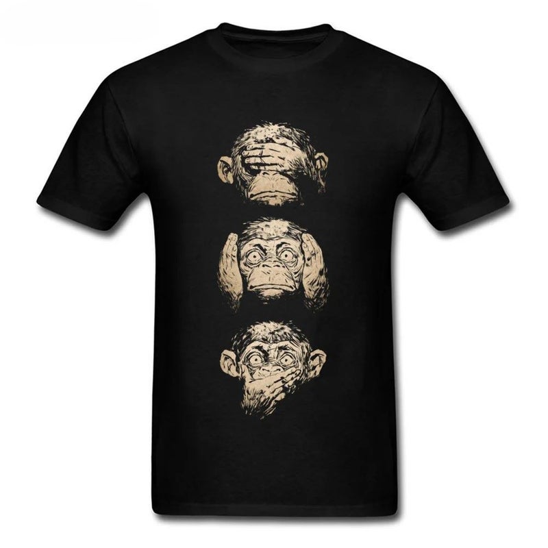 Wise Monkeys Men's Fun T-Shirt Vintage Painting T-Shirt Top Cotton Fabric Short Sleeve Teen - Image 2
