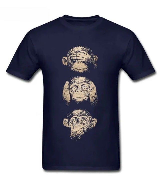 Wise Monkeys Men's Fun T-Shirt Vintage Painting T-Shirt Top Cotton Fabric Short Sleeve Teen - Image 1
