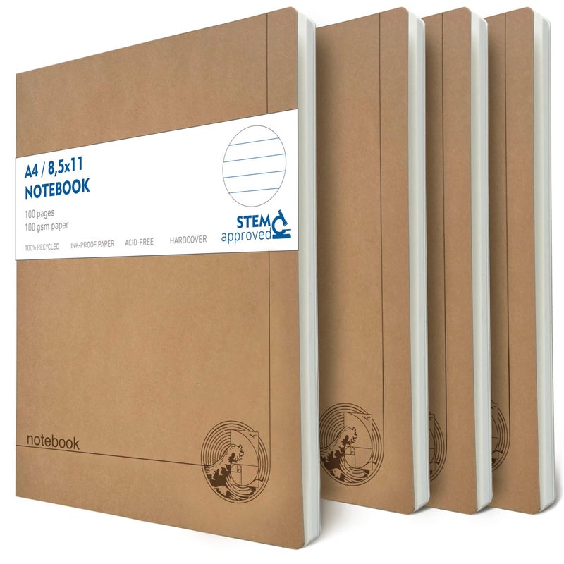 le vent A4 Lined Notebook Set â€“ 4 Pack Rulled Paper Journals, 100 Pages, 100gsm, Lay Flat, Eco-Friendly, 8.5x11 Hardcover Look for School, Office & Students - Image 1
