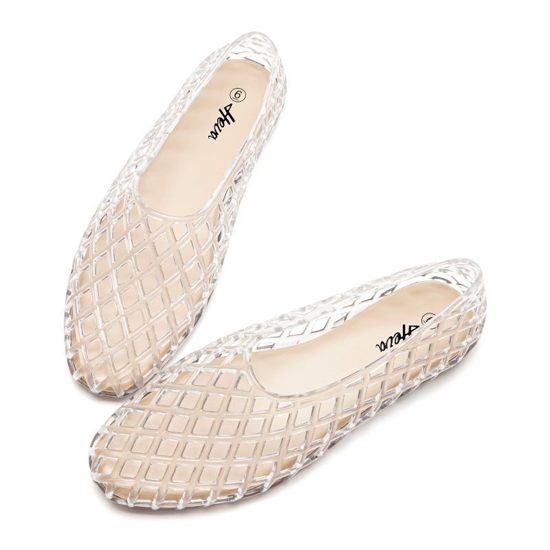 HEVA Women's Jelly Mesh Flats Breathable Clear Hollow Shoes Summer Beach Jellies Ballet Sandals(5 M US Transparent) - Image 1
