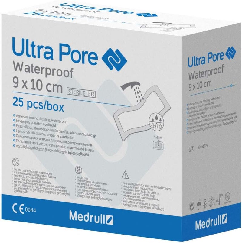 MEDRULL Ultra Pore Sterile Waterproof Wound Dressing Plaster 25 Pieces, 10cm Length x 9cm Width - Image 1