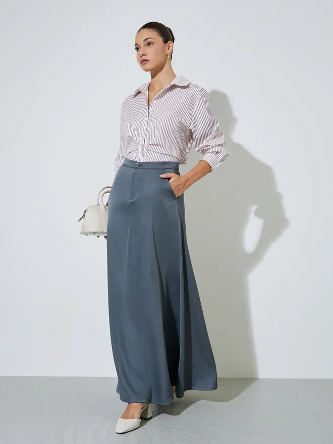Styli Styli Grey A-Line Maxi Skirt with Side Pocket