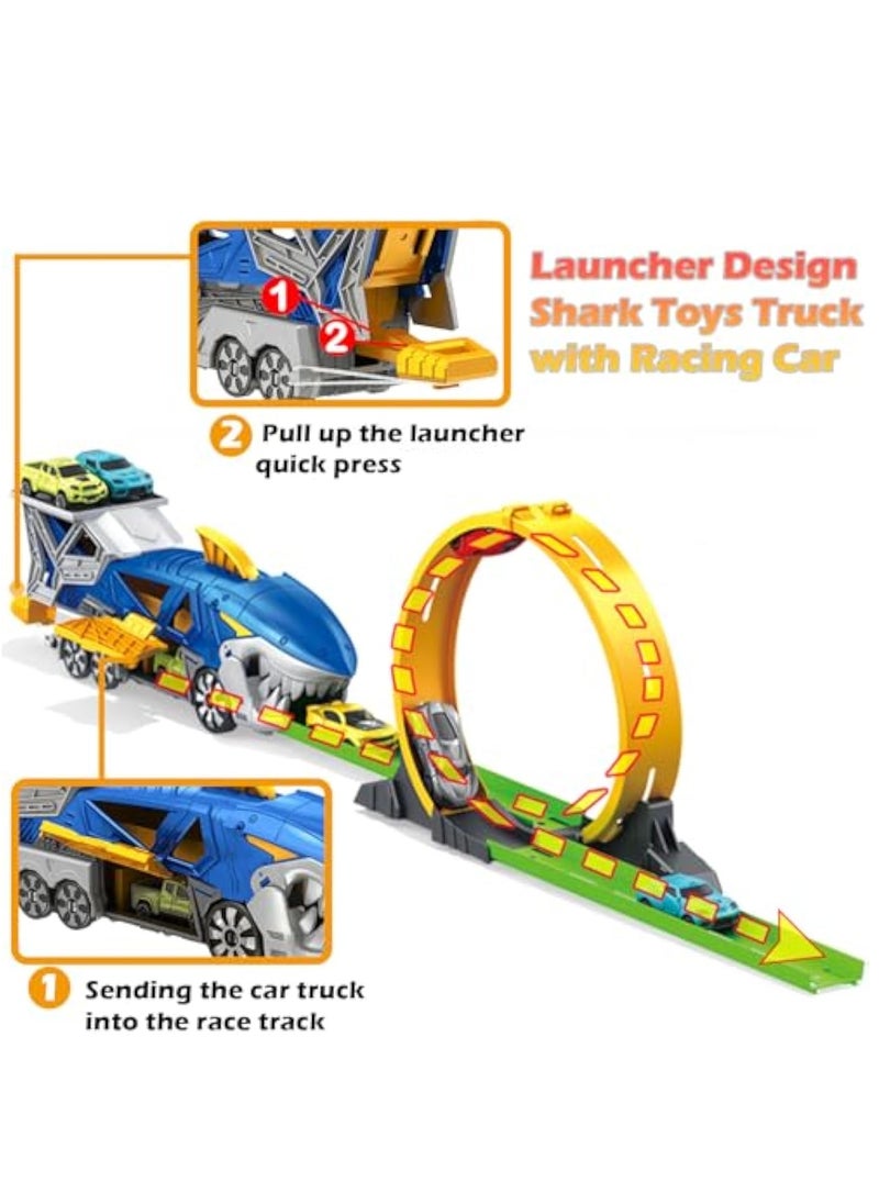 KASTWAVE 7Pcs Shark Toy Car Track Set, Loop and Launcher Race Car Toys, Ultimate Hauler Track Toy, Shark Toys Carrier Vehicle, Shark Deformation Track Ejection Car Toy, Truck Gifts for 3 Plus Year Old Boy Toys  - Image 2