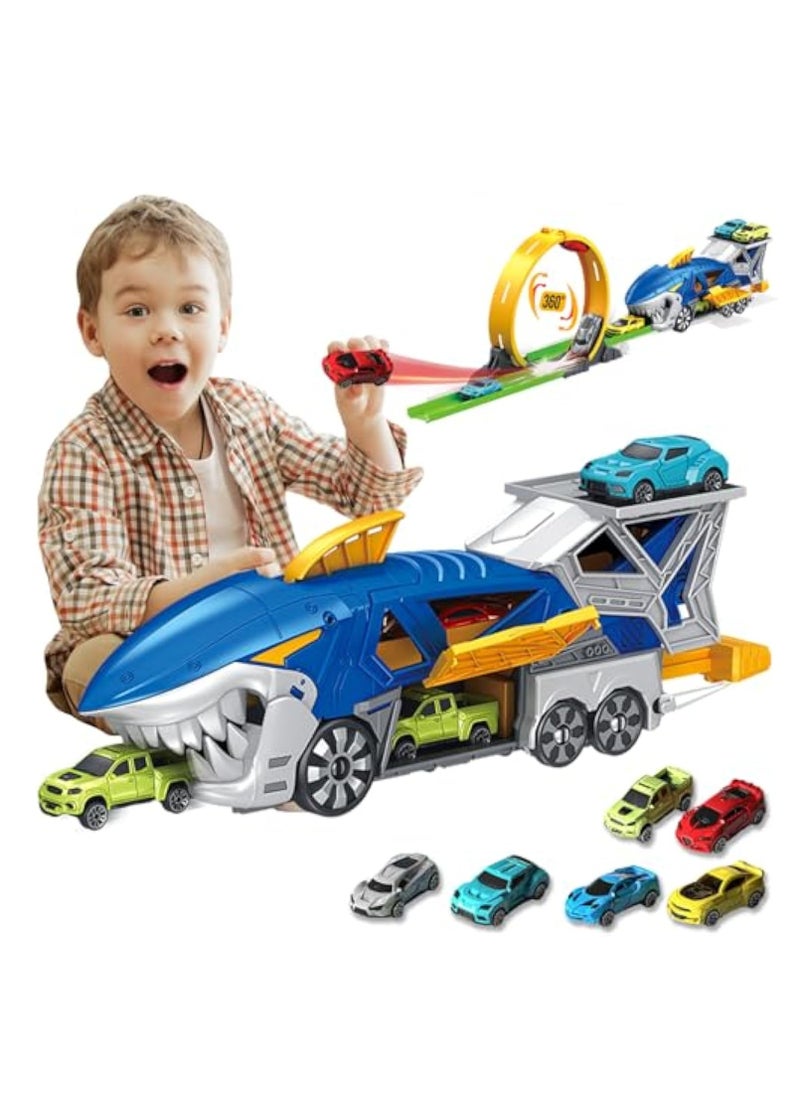 KASTWAVE 7Pcs Shark Toy Car Track Set, Loop and Launcher Race Car Toys, Ultimate Hauler Track Toy, Shark Toys Carrier Vehicle, Shark Deformation Track Ejection Car Toy, Truck Gifts for 3 Plus Year Old Boy Toys  - Image 1
