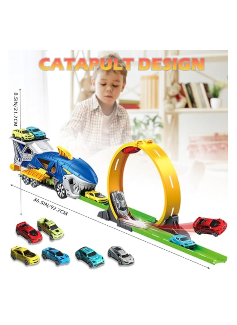 KASTWAVE 7Pcs Shark Toy Car Track Set, Loop and Launcher Race Car Toys, Ultimate Hauler Track Toy, Shark Toys Carrier Vehicle, Shark Deformation Track Ejection Car Toy, Truck Gifts for 3 Plus Year Old Boy Toys  - Image 5