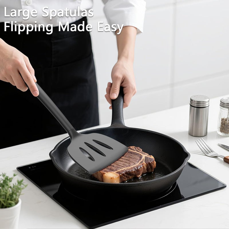 Coukre 3 Pack Silicone Spatula Set, High Heat Resistant, BPA-Free, Fish Spatula, Solid & Slotted Turner for Non-Stick Pans, Flipping Eggs, Pancakes, Fish, Burgers (3, PureBlack) - Image 3