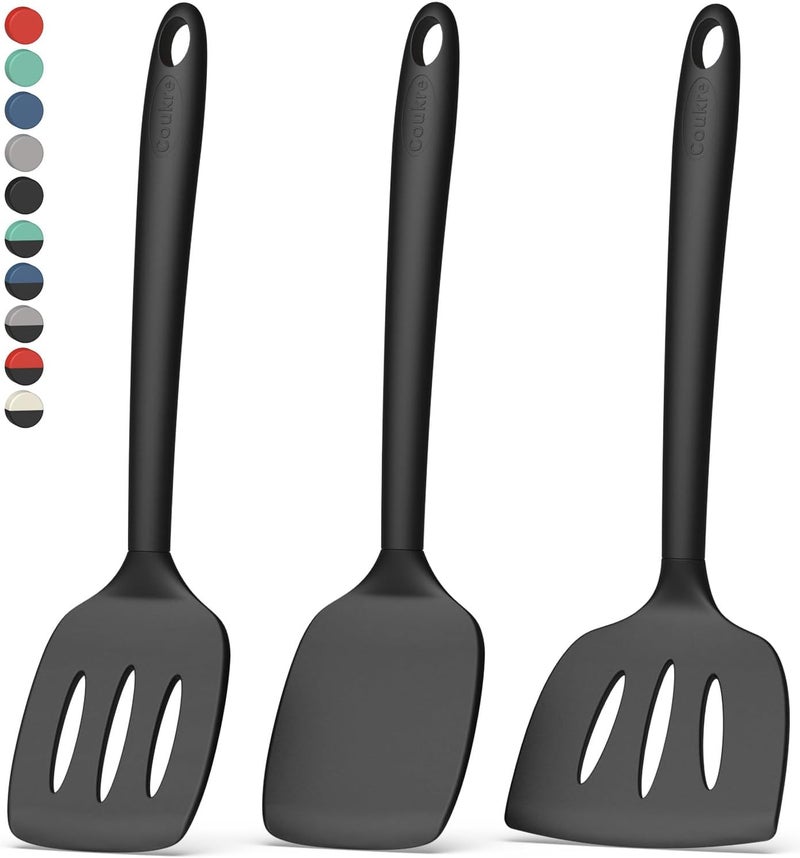 Coukre 3 Pack Silicone Spatula Set, High Heat Resistant, BPA-Free, Fish Spatula, Solid & Slotted Turner for Non-Stick Pans, Flipping Eggs, Pancakes, Fish, Burgers (3, PureBlack) - Image 1