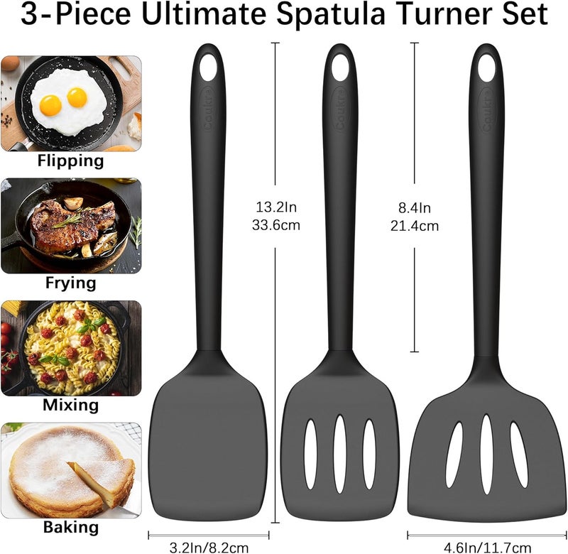 Coukre 3 Pack Silicone Spatula Set, High Heat Resistant, BPA-Free, Fish Spatula, Solid & Slotted Turner for Non-Stick Pans, Flipping Eggs, Pancakes, Fish, Burgers (3, PureBlack) - Image 2