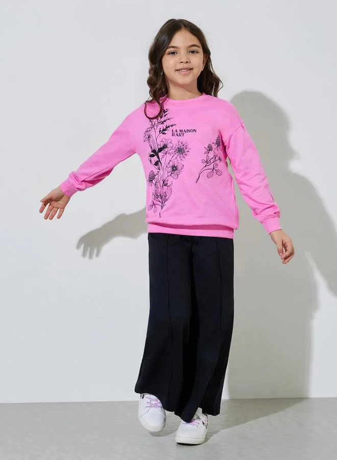 Styli Girls Pink Graphic Print Sweatshirt and Black Joggers Set