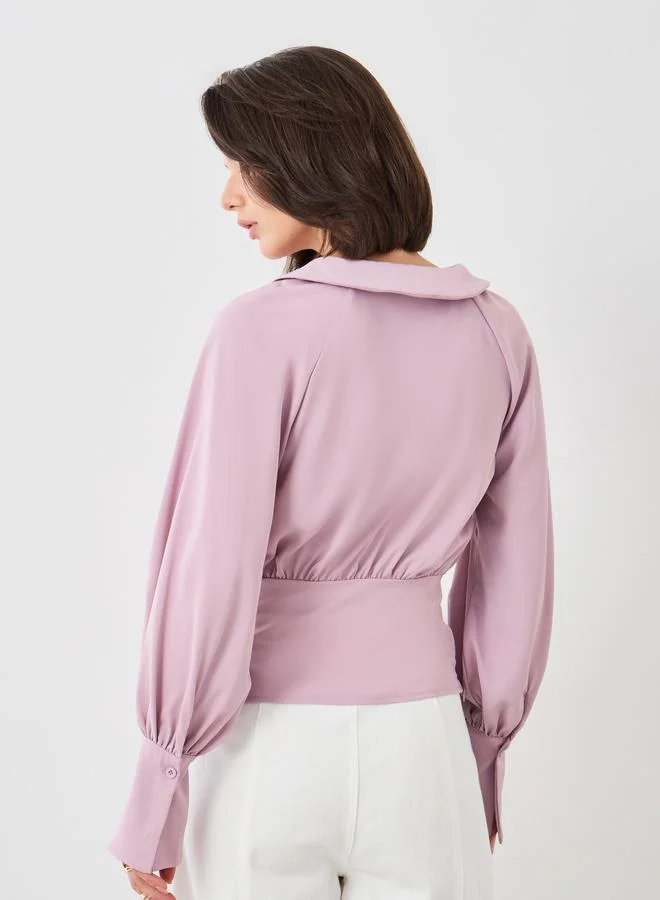 Styli Cuffed Long Sleeve Collared Wrap Blouse