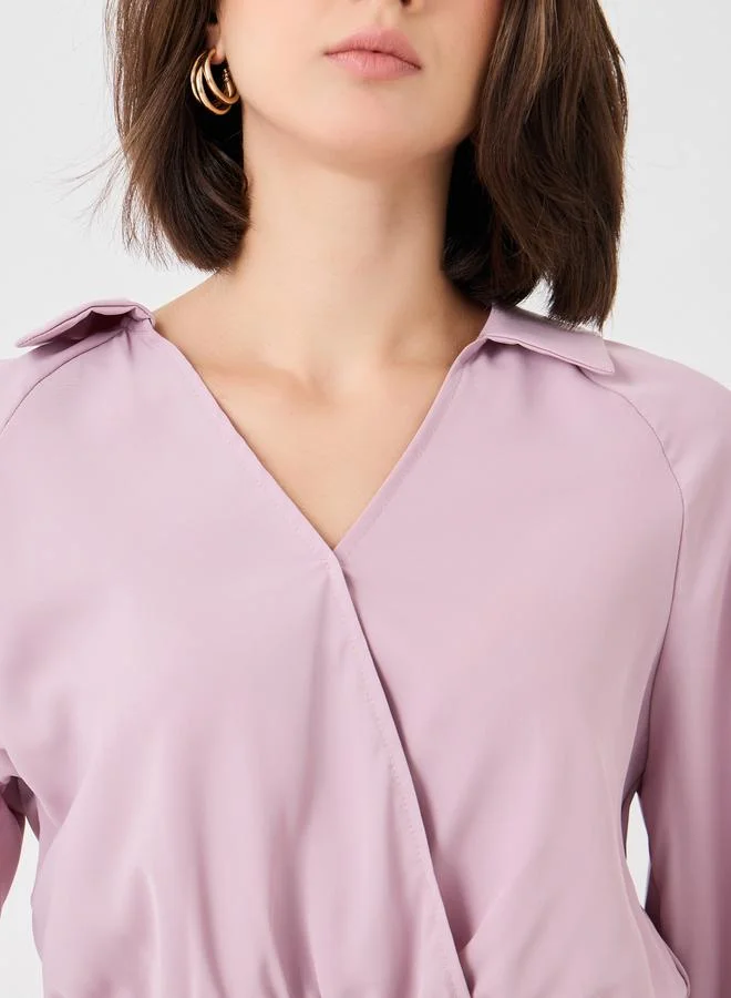 Styli Cuffed Long Sleeve Collared Wrap Blouse