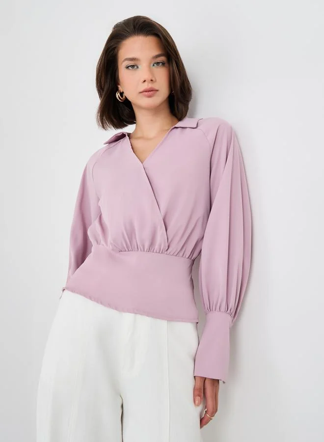 Styli Cuffed Long Sleeve Collared Wrap Blouse
