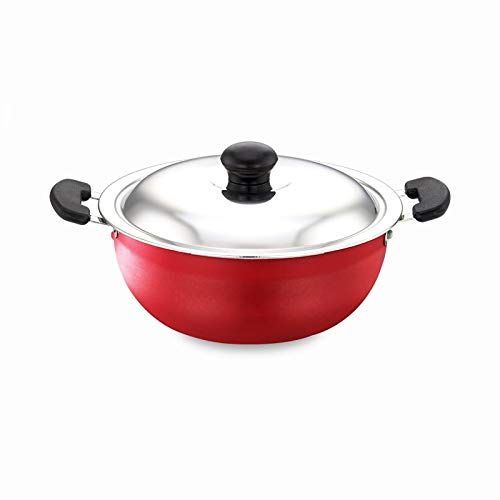 SOWBAGHYA Aluminium Non-Stick Deep Kadai with Non-Stick Coating and Stainless Steel Lid (3 Litre, Red) - Image 1