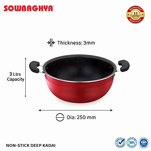 SOWBAGHYA Aluminium Non-Stick Deep Kadai with Non-Stick Coating and Stainless Steel Lid (3 Litre, Red) - Image 4