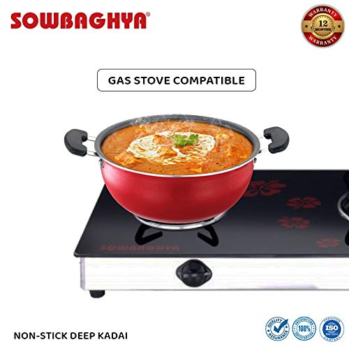 SOWBAGHYA Aluminium Non-Stick Deep Kadai with Non-Stick Coating and Stainless Steel Lid (3 Litre, Red) - Image 5