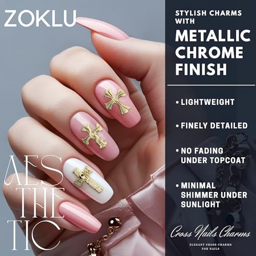 ZOKLU Gold Cross Nail Charms – 100 Pcs Set Gold Nail Charms and Gems in Acrylic & Metal Alloy, Durable 3D Cross Shapes for Trendy & Artistic Designs – Easy-to-Apply Accessories for Eye-Catching Manicures - Image 3