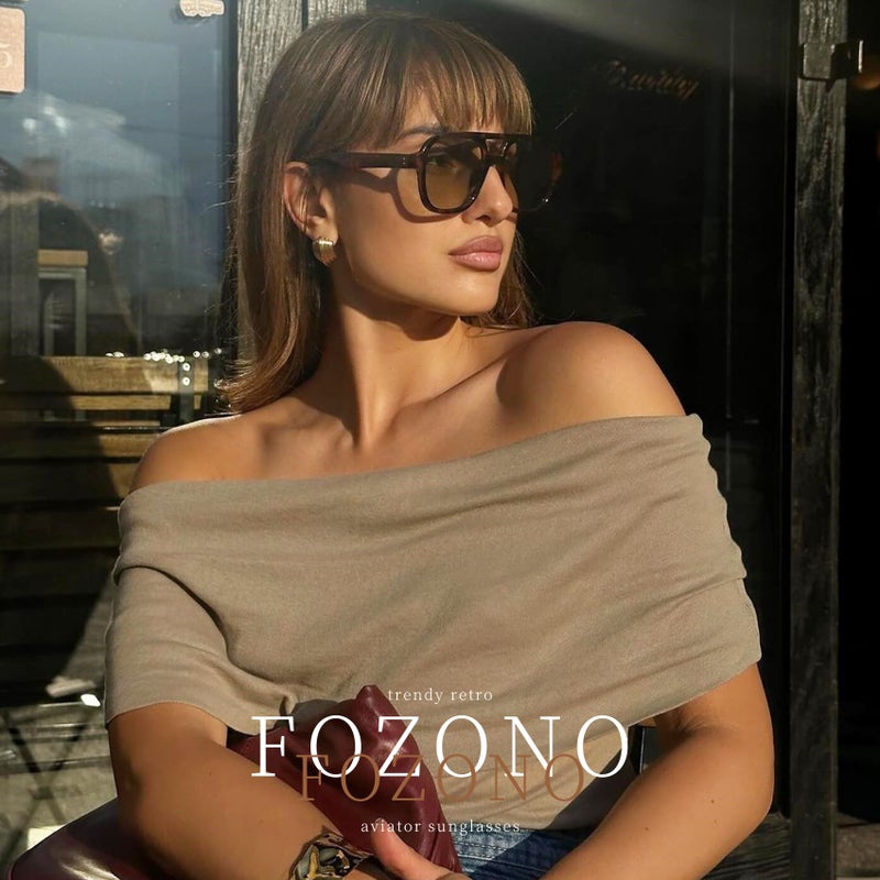 Fozono Retro Oversized Aviator Sunglasses Women Trendy Vintage Square Large Tangle Free Aviators Double Bridge Sun Glasses Tortoise Frame/Gradient Brown Lens - Image 2