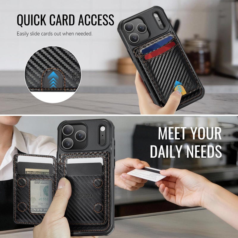 Usroom for iPhone 17 Pro Wallet Case Compatible with Magsafe, Magnetic RFID Blocking Card Holder Kickstand 2 in 1 Detachable Case for iPhone 17 Pro 6.3", Carbon Black - Image 4