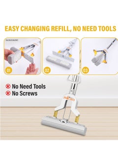 Zalcoon PVA Folding Sponge Mop 28cm, Telescopic Handle Folding Squeeze| 1 Extra Super Absorbent PVA Sponge Refill | Household Cleaning Tool |Best for Kitchen, Tiles, Multi-Surface Hard Floor (1+1)  - Image 2