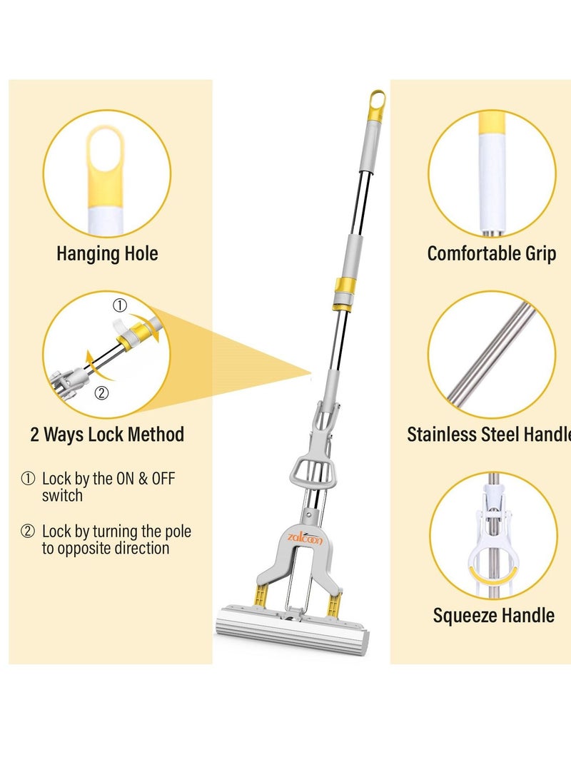 Zalcoon PVA Folding Sponge Mop 28cm, Telescopic Handle Folding Squeeze| 1 Extra Super Absorbent PVA Sponge Refill | Household Cleaning Tool |Best for Kitchen, Tiles, Multi-Surface Hard Floor (1+1)  - Image 3