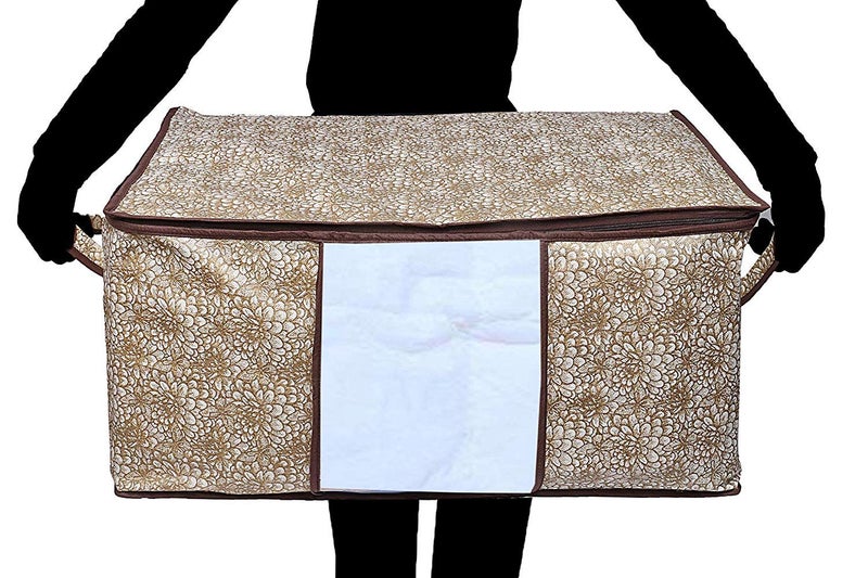 Kuber Industries Rectangular Metallic Printed 3 Piece Non Woven Underbed Storage Bag Storage Organiser Blanket Cover with Transparent Window Extra Large Golden and Brown CTKTC134518 - Image 4