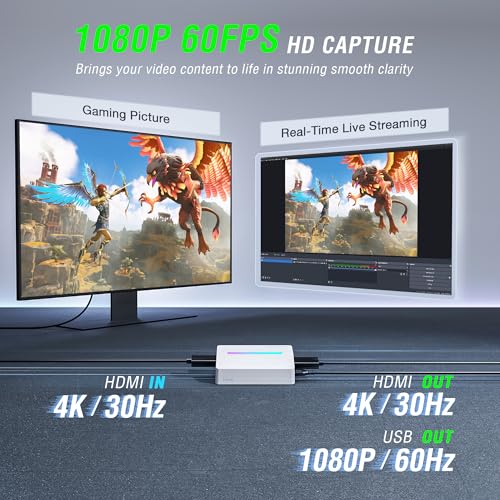AmpliGame Fifine AmpliGame Gaming Capture Card USB 4K HDMI, 1080P Audio Video Capture Card for OBS Streaming with RGB, HDMI in/Out Compatible for Switch/XBOX/PS5/Computer-V3 White - Image 2