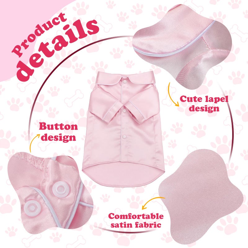 Cosblank Pet Silk Pajamas Shirts Dogs Satin Pjs Soft Faux Silk Lapel Two-Legged Puppy Sleepwear for Small Dogs Bridal Party(M,Pink) - Image 3