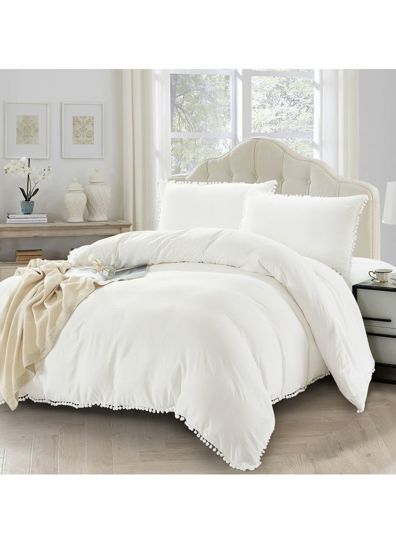 Donetella - 5 Piece Comforter Set with Pompom Lace and Removable Filler, King Size, 260 x 240 cm, White - Image 1