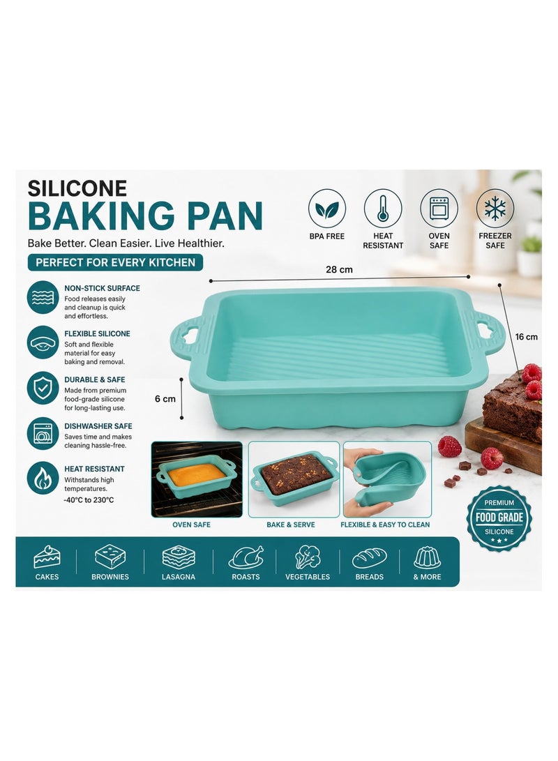 Bisbell 28 cm Silicone Baking Pan, 16 cm Wide × 6 cm Deep, Flexible Non-Stick Oven Tray with Handles for Cakes, Brownies, Lasagna, Bread, Roasts & Vegetables - Image 1