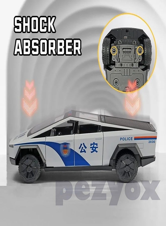 PEZYOX 1:24 Scale Die-Cast CyberTruck Police【Free Wheel】 with 6 Openable Doors,Steerable Tyres,Working Horn,Working Lights (White) - Image 5