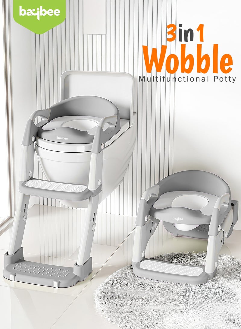 BAYBEE 3 in 1 Wobble Western Toilet Kids Potty Training Seat for Baby with Ladder & 6-Level Height Adjustable | Foldable Baby Potty Seat with Removable Bowl | Kids Toilet Seat | Potty Seat for Kids 1 to 8 years Grey - Image 3