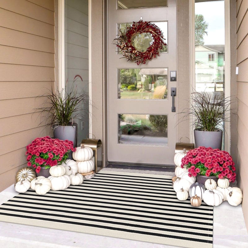 IOHOUZE Black Beige Striped Rug -3'x5' Front Door Rugs Outdoor, Washable Area Rug for Front Porch, Spring Summer Welcome Mats Outdoor Indoor, Doormat for Entryway Porch Entrance - Image 1