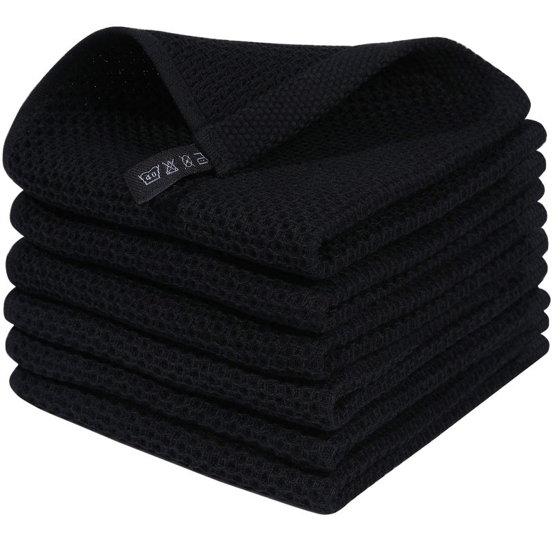 Homaxy 100% Cotton Waffle Weave Kitchen Dish Cloths  Ultra Soft Absorbent Quick Drying Dish Towels  12x12 Inches  6-Pack  Black - Image 1