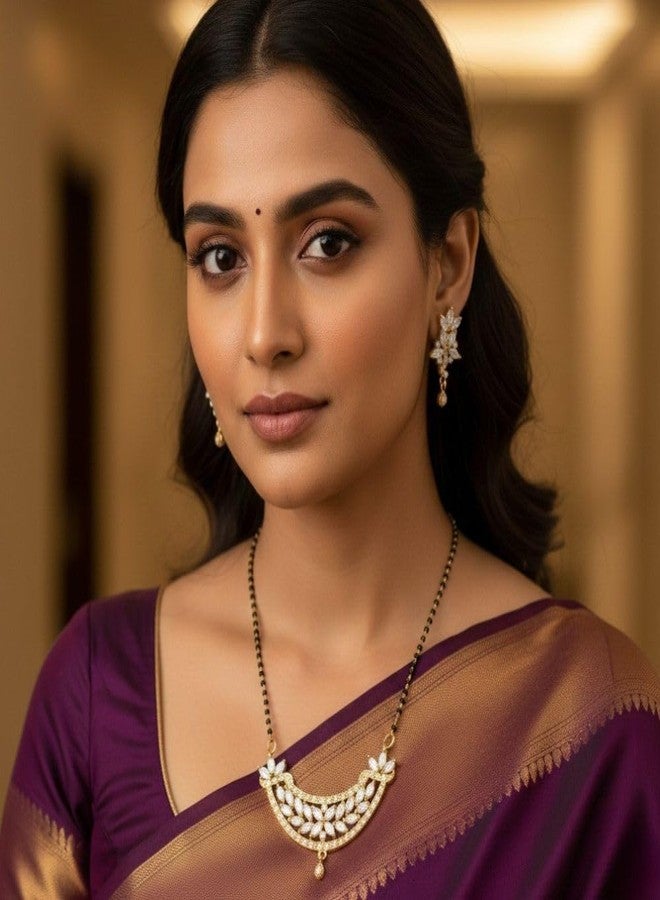 ZEELLO Traditional Gold-Plated American Diamond Black Beaded Mangalsutra for Women (White) - Image 2